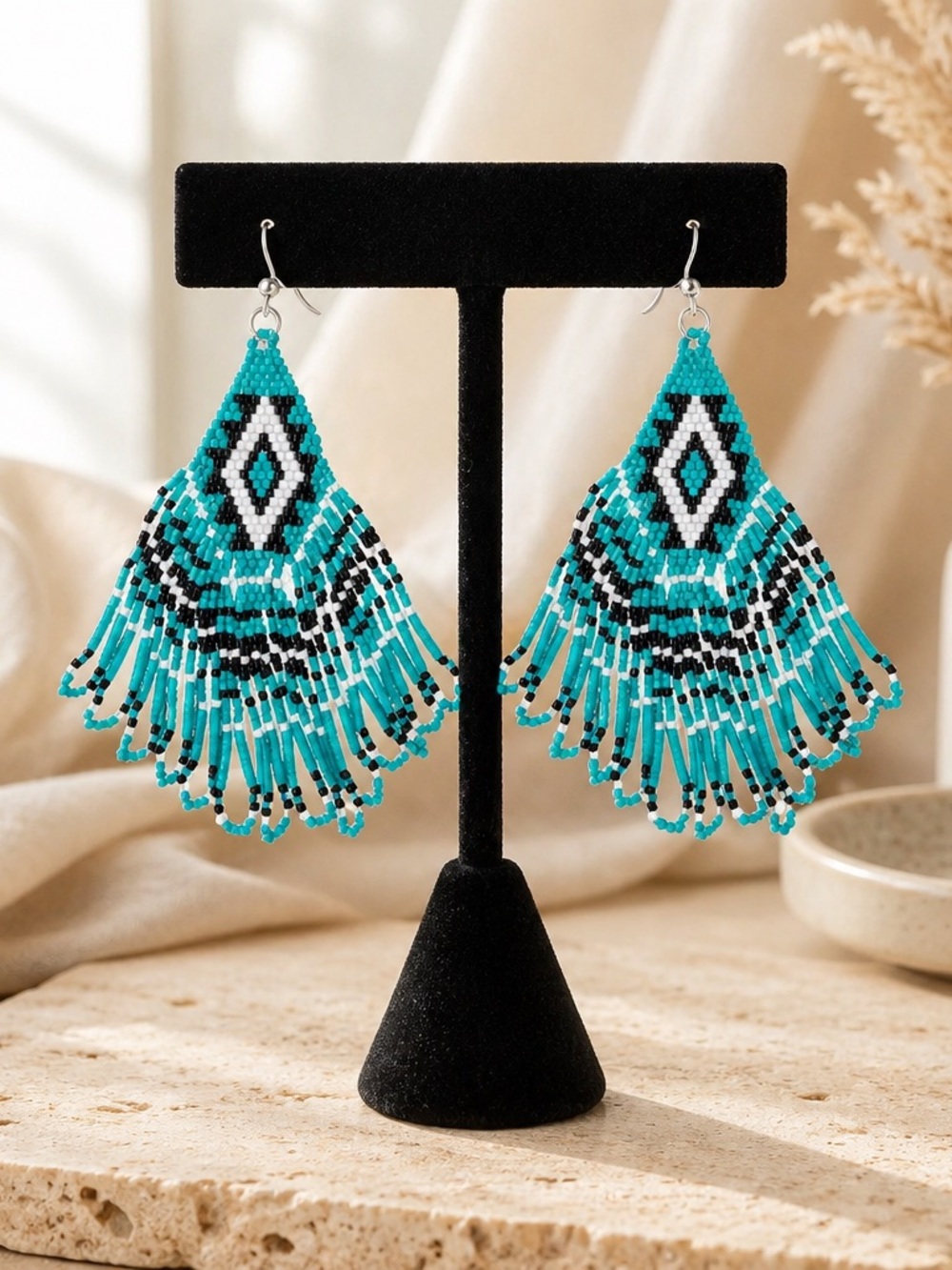 Turquoise Beaded Fringe Earrings Boho Western Cowgirl Tribal Handmade Tassel